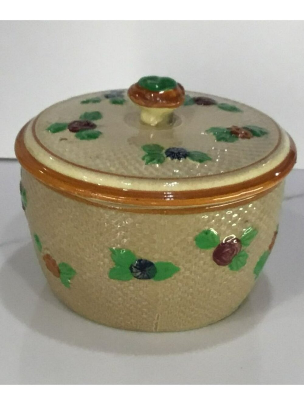 Antique Majolica Hand Painted Sugar bowl / Lidded Trinket Box/ Biscuit Jar - Picture 5 of 13